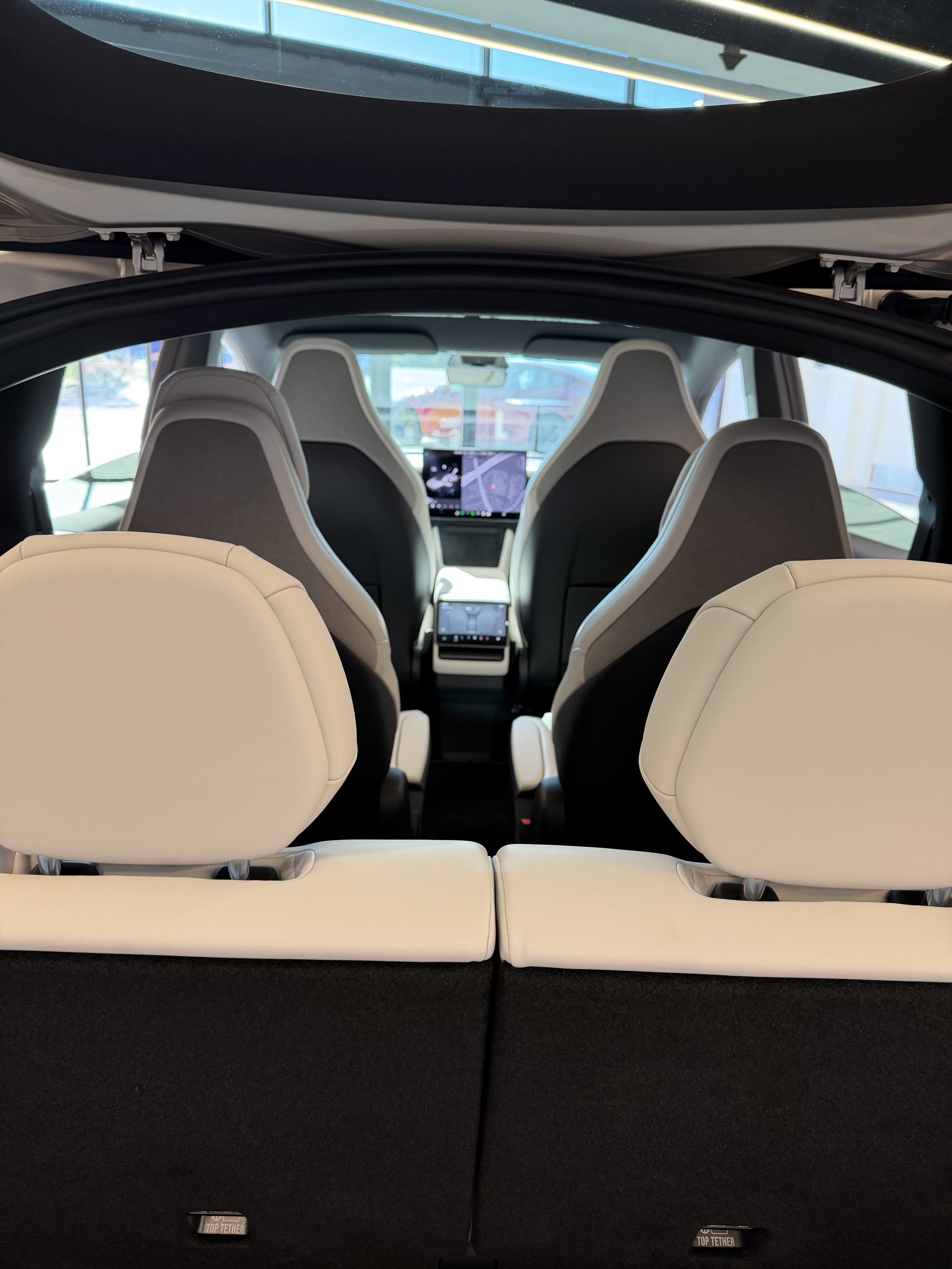 Six-seat interior of the Tesla Model Y L on display at Tesla Cincinnati Oakley
