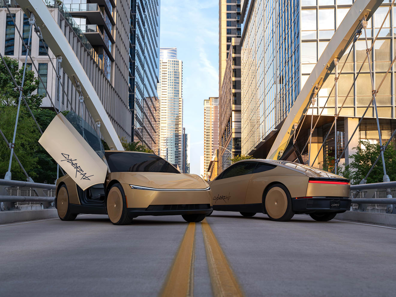 Tesla Cybercab robotaxis lined up as an autonomous fleet